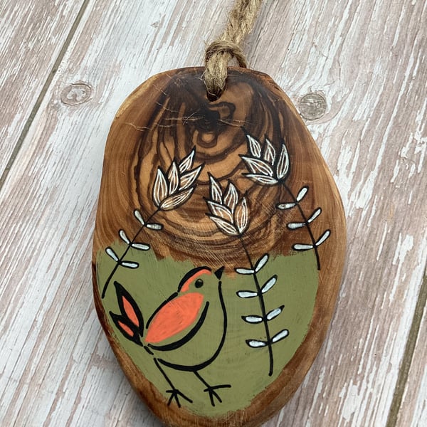 Hanging bird decoration, bird art gift, original bird art on olive wood 