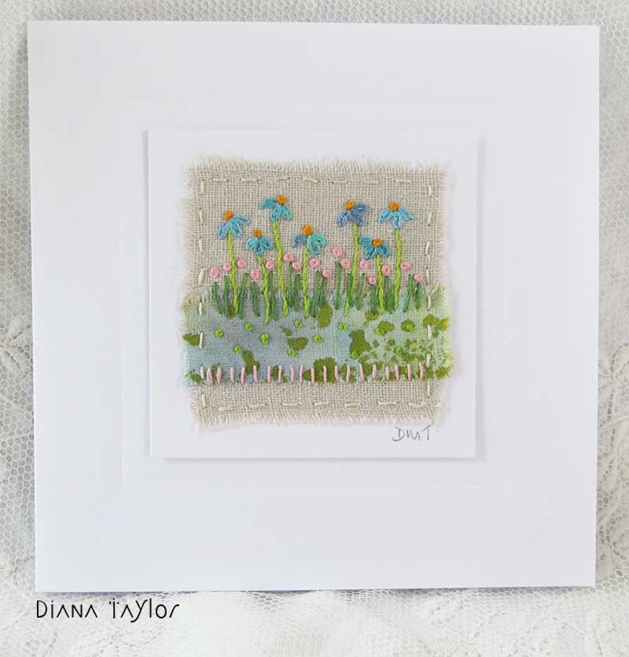 HAND EMBROIDERED HAND DYED GREETINGS CARD FLORAL GARDEN