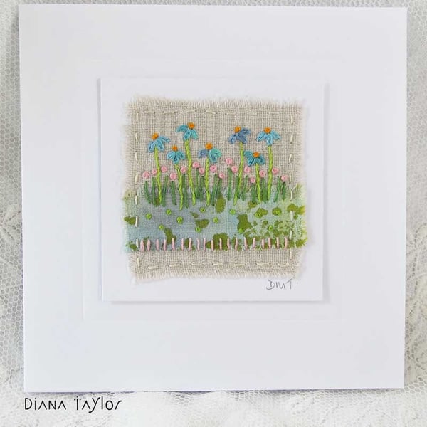 HAND EMBROIDERED HAND DYED GREETINGS CARD FLORAL GARDEN