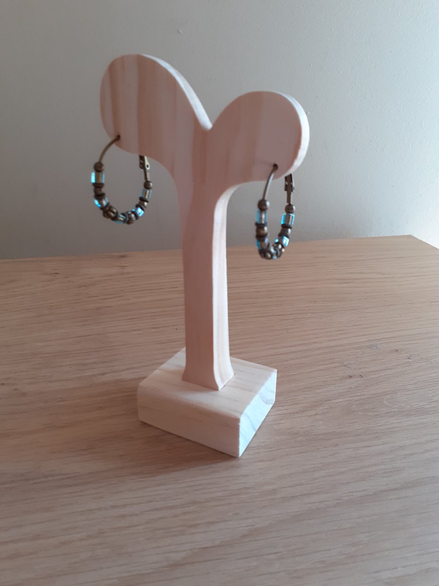 ANTIQUE BRONZE AND AQUA  HOOP EARRINGS.