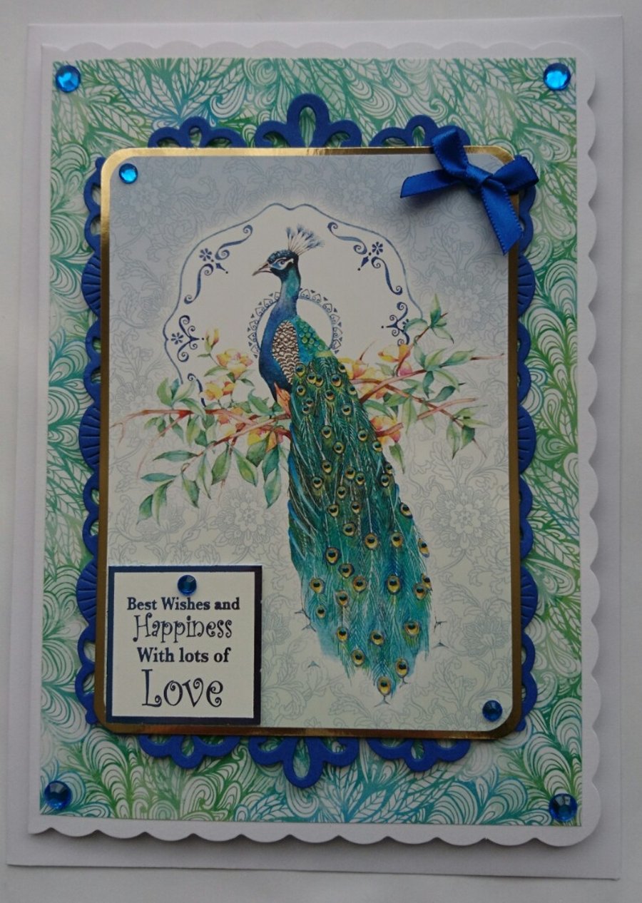3D Luxury Handmade Card Best Wishes Happiness and Love Peacock Poppy Kay Designs