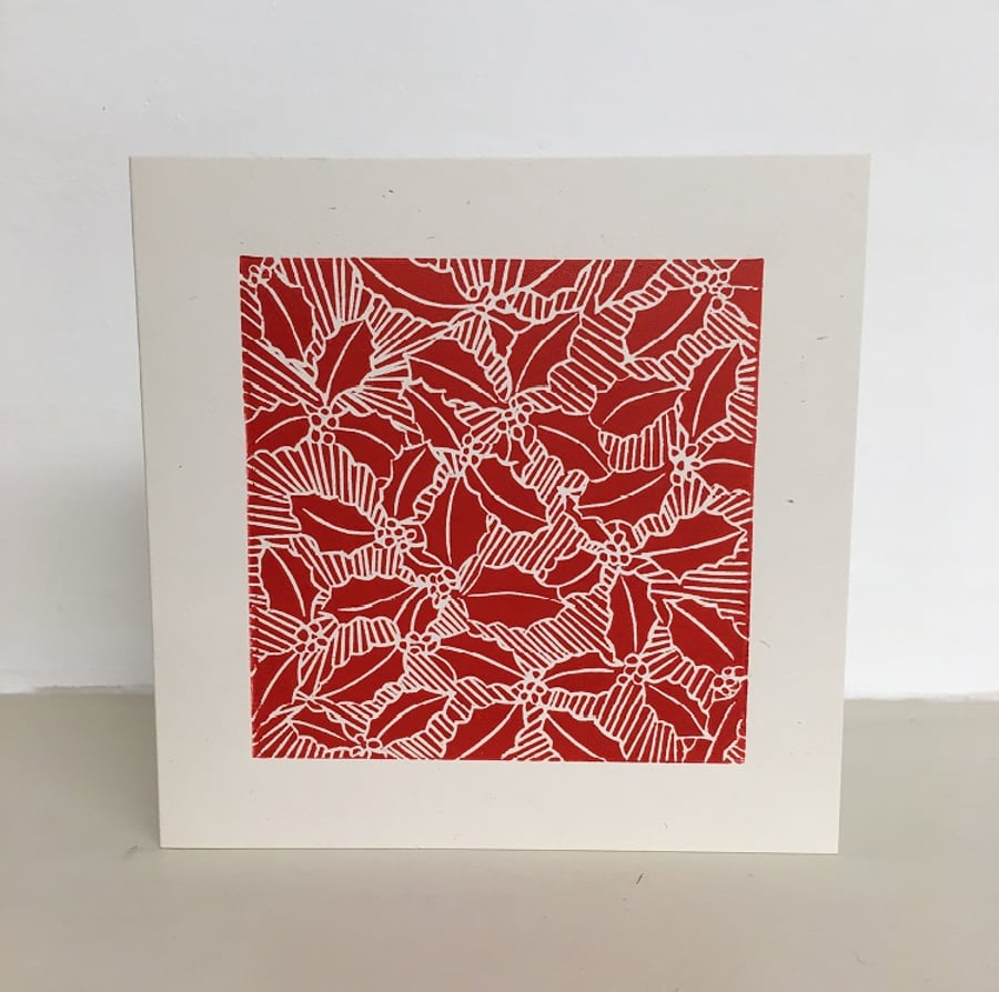 Holly linocut Christmas card, red