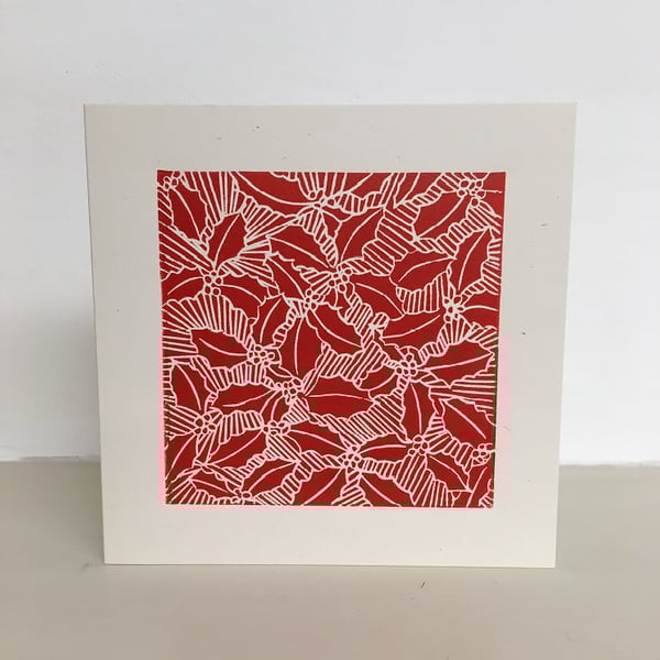 Holly linocut Christmas card, red