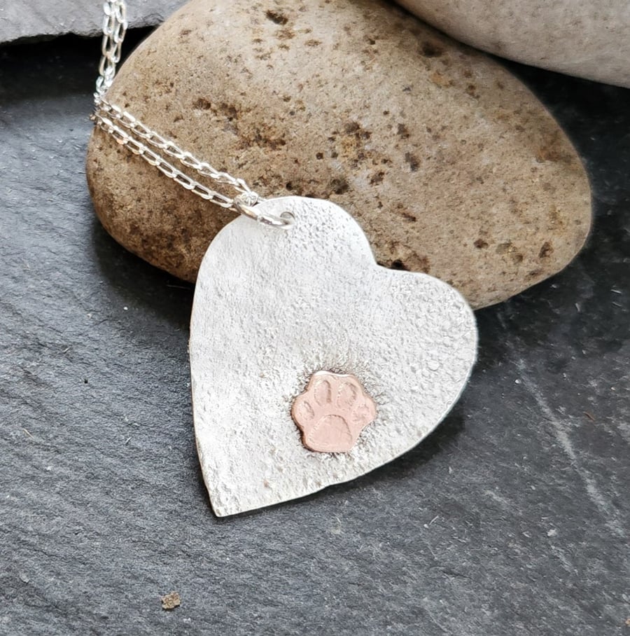 Paw on heart pendant in reticulated sterling silver