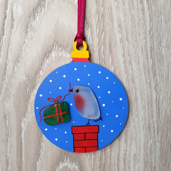 Sea glass robin on chimney