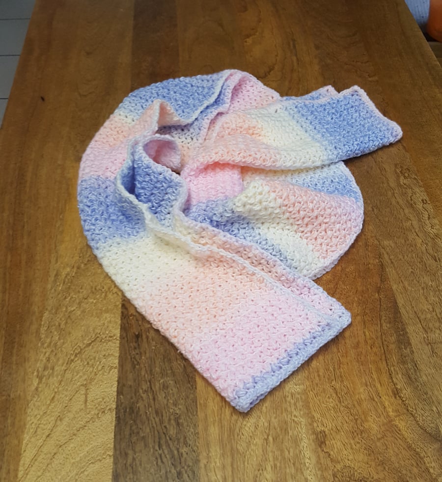 Soft Blue, White and Pink Handmade Crochet Scarf