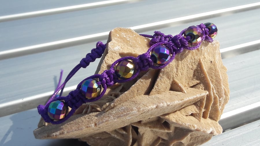 Rainbow Haematite in Purple Waxed Cotton Macrame Bracelet