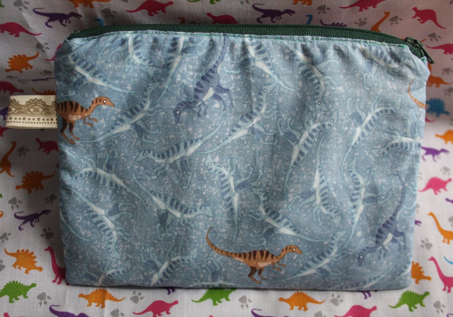 Blue dinosaur print zip pouch, purse, bag