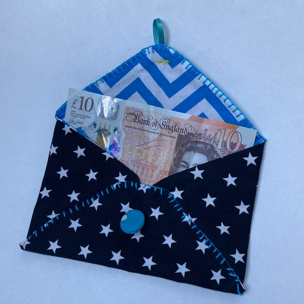 Gift envelope,  hand stitched. For small gifts or money. Black and turquoise