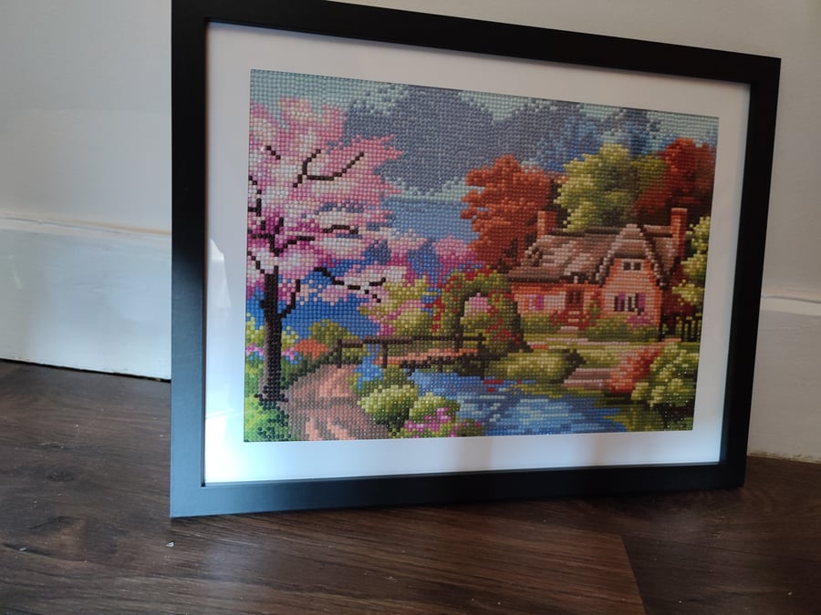 Cottage by the stream beautiful diamond painting framed
