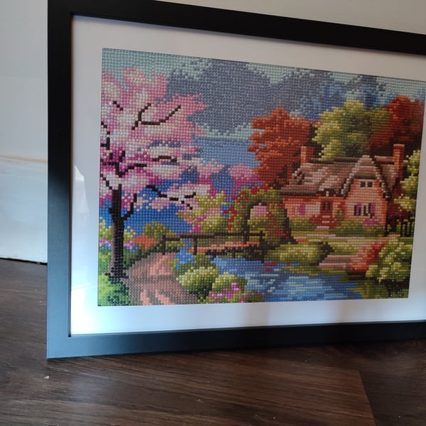 Cottage by the stream beautiful diamond painting framed