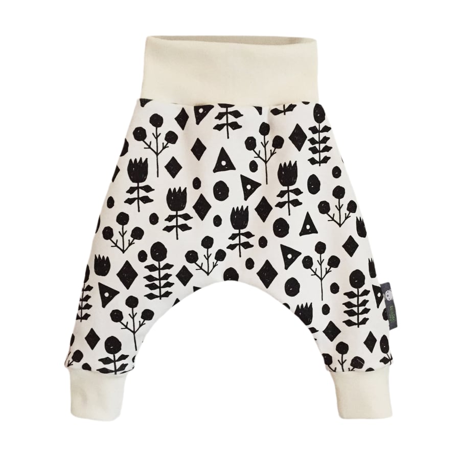 ORGANIC Baby HAREM PANTS Relaxed GEOMETRIC FLOWERS Trousers - A GIFT IDEA 