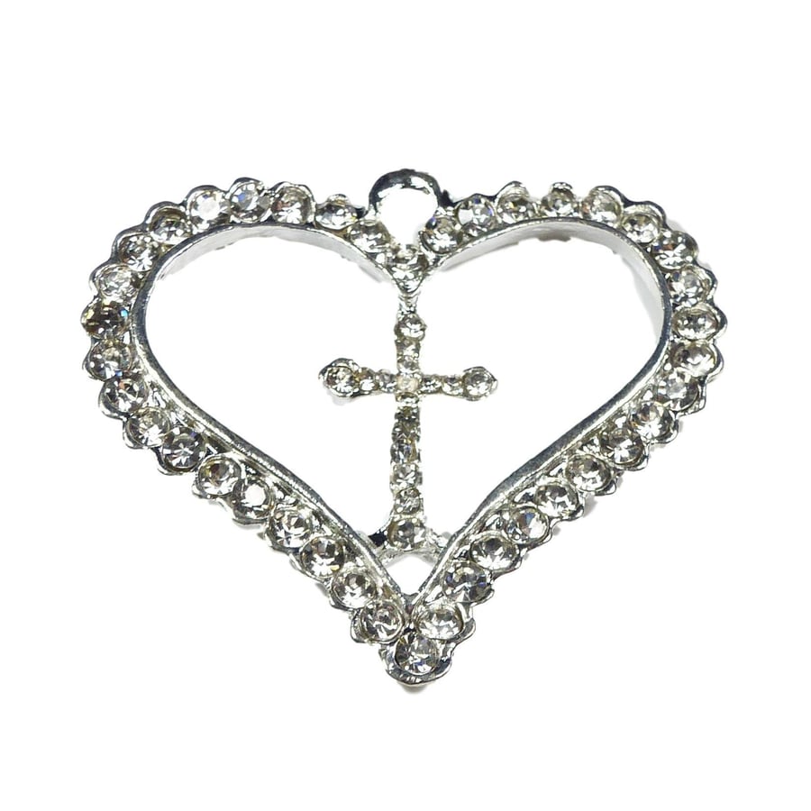 2pcs Large Heart Pendants with Center Cross Silver Colour Rhinestone Charm Neckl