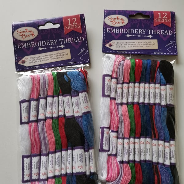 12 Skeins Embroidery Thread, Assorted Colours, 100% Mercerised Cotton 
