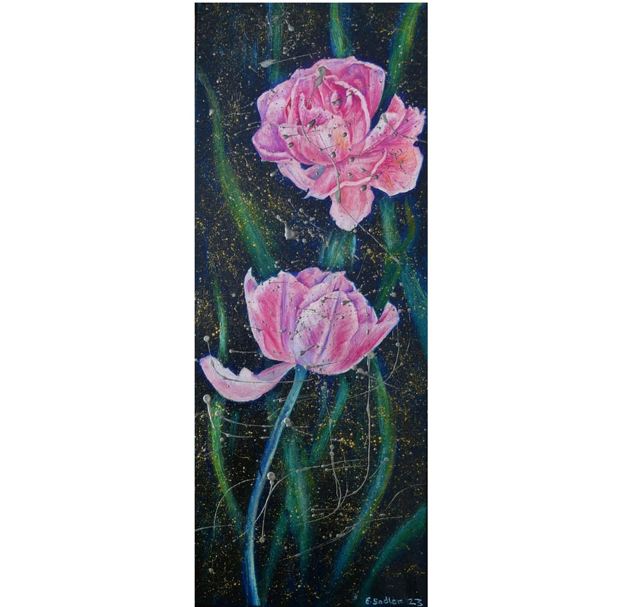Modern Botanical Pink Tulip Original Oil Painting  