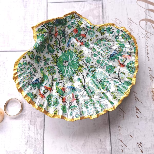 Scallop Shell Trinket Tray in a Green & White Floral Design with Peacocks