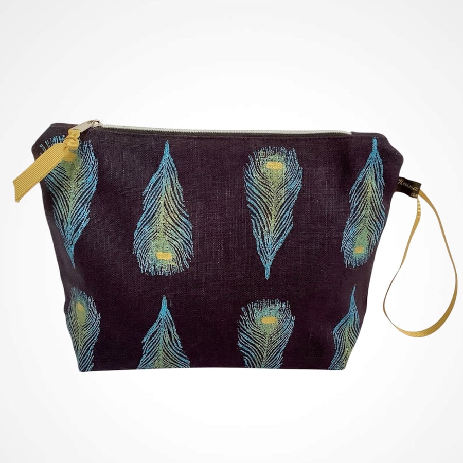 Navy Peacock Feathers Linen Makeup Bag