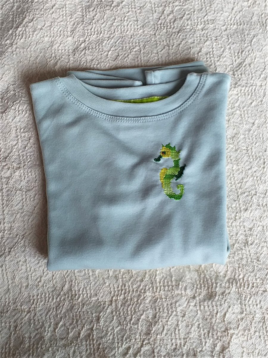 Seahorse, T-shirt, long sleeves, age 5, hand embroidered