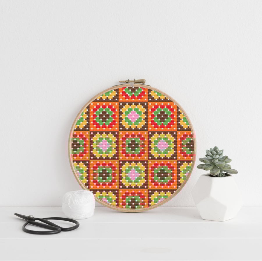 70s Granny Squares Cross Stitch Chart: Retro Embroidery (PDF Pattern)