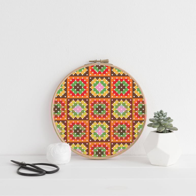 70s Granny Squares Cross Stitch Chart: Retro Embroidery (PDF Pattern)