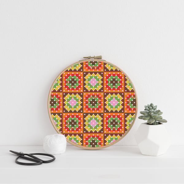 70s Granny Squares Cross Stitch Chart: Retro Embroidery (PDF Pattern)