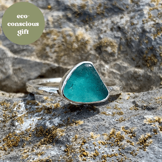 Stunning Aquamarine Sea Glass and Sterling Silver Ring Size Q - 1036