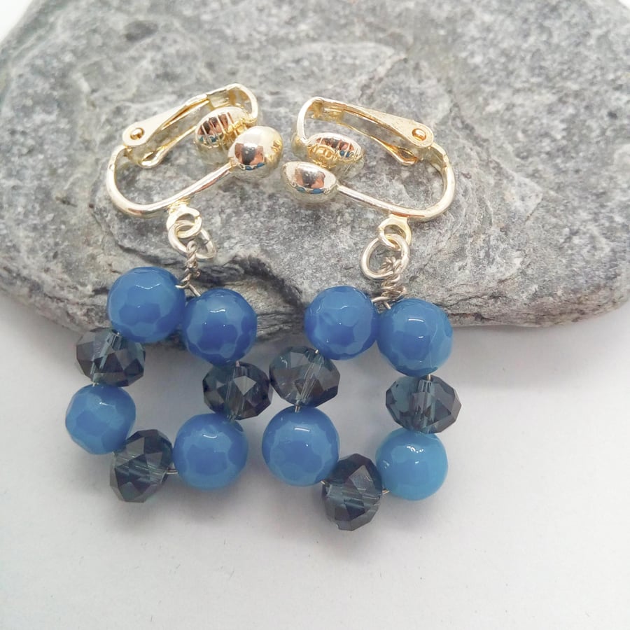 Silver Plated Clip On Earrings with Navy and Cobalt Blue Faceted Beads