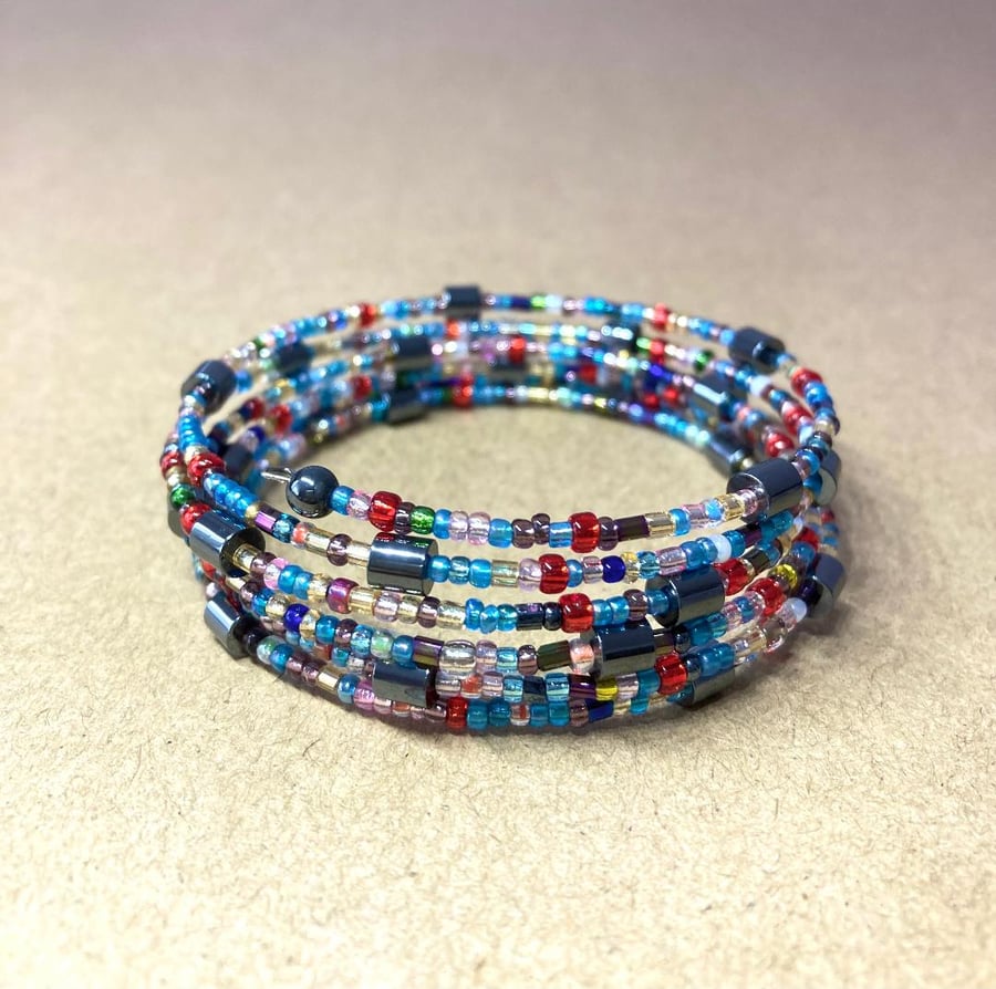 Multicolor Seed Beads - Hematite Semi Precious Stone Beads - Memory Wire Bangle