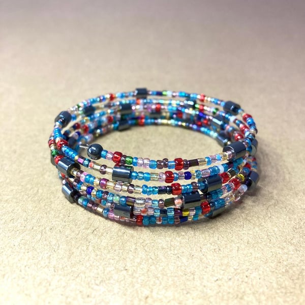 Multicolor Seed Beads - Hematite Semi Precious Stone Beads - Memory Wire Bangle