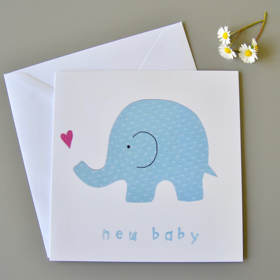 New Baby Card with blue elephant with pink heart