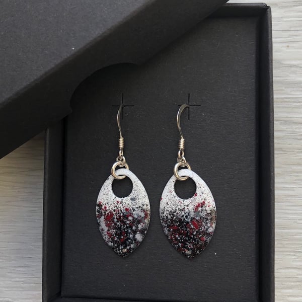 Black & white with a touch of red enamel scale earrings. Sterling silver. 