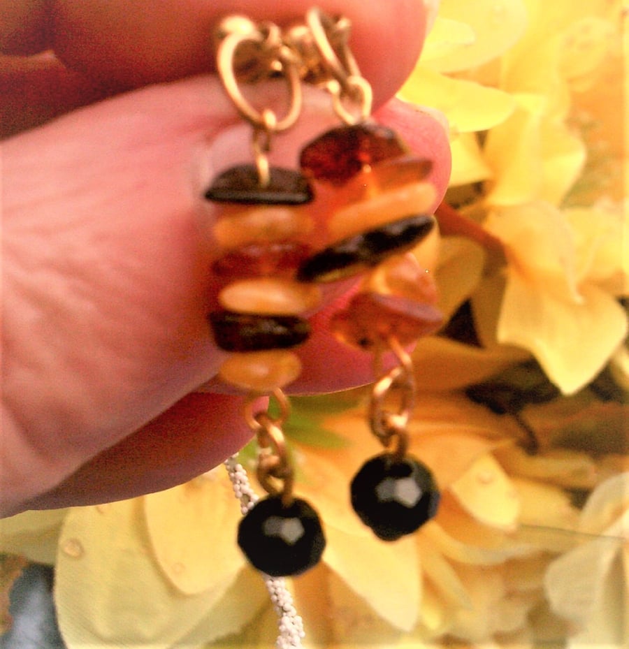 Baltic Amber Earrings, Multi Coloured Amber Drop Gold Plated Earrings, 