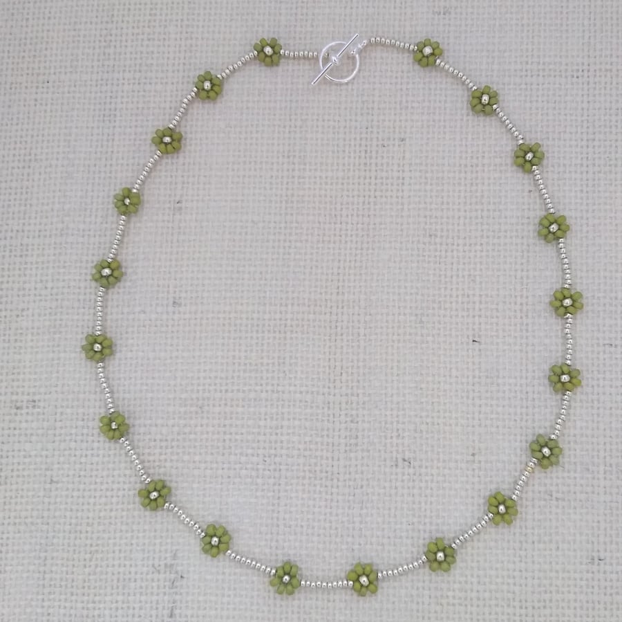 Olive Green Daisy Beaded Necklace