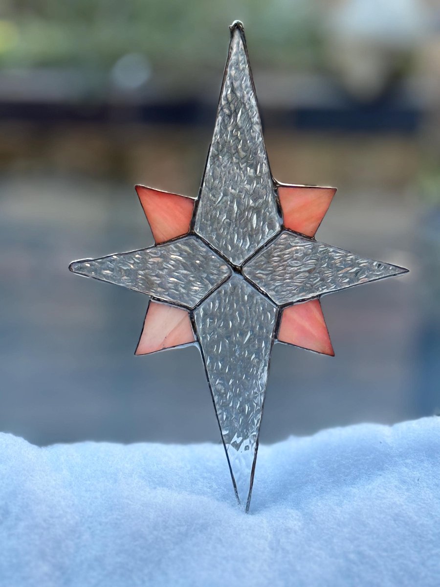 Stained glass Bethlehem star - Clear irridised glass with sunset orange quarters