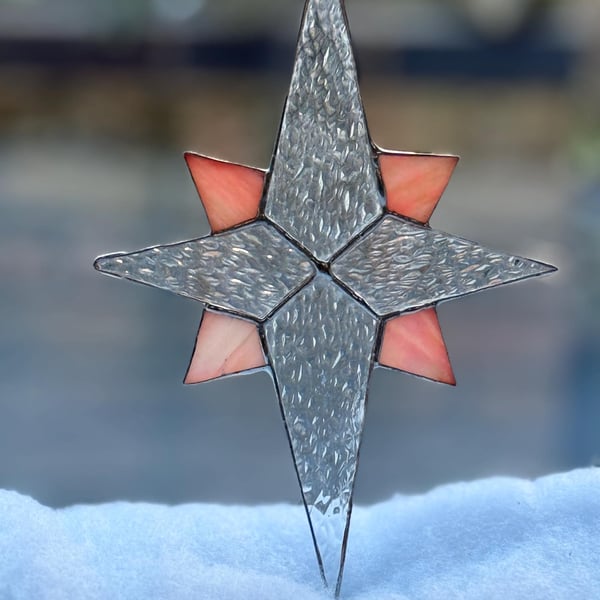 Stained glass Bethlehem star - Clear irridised glass with sunset orange quarters
