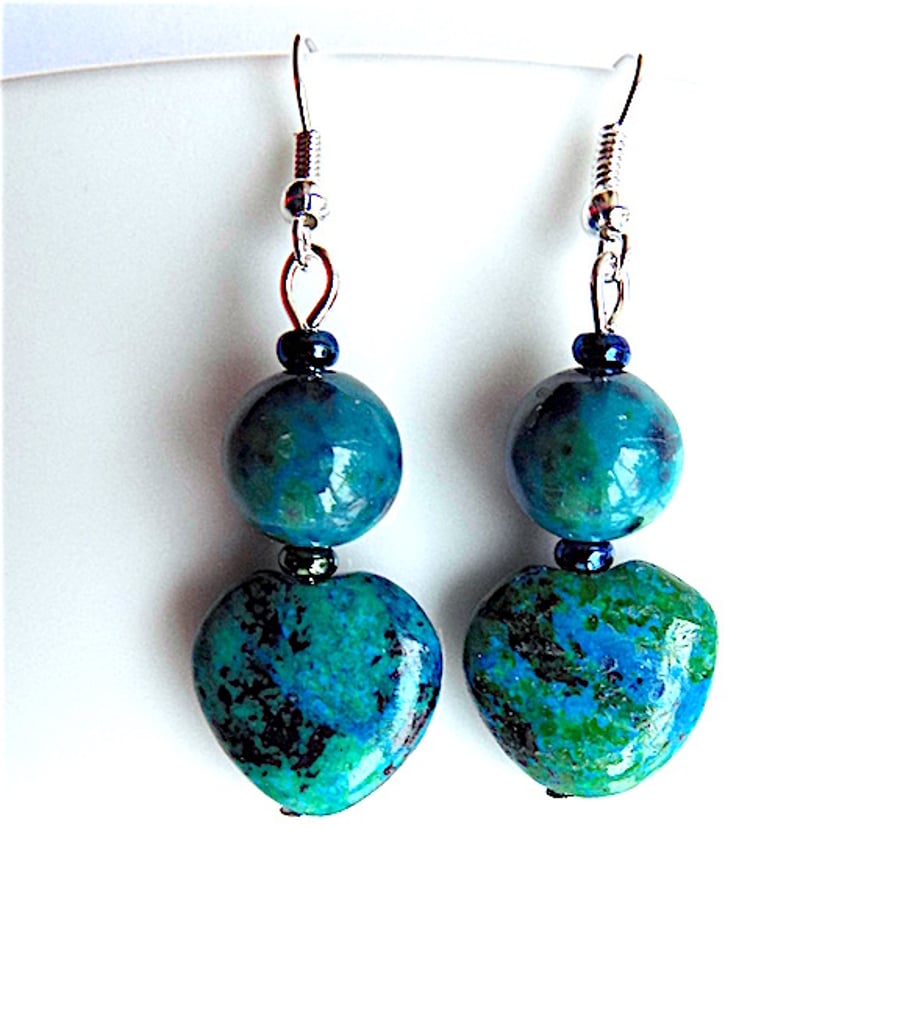 Earrings for pierced ears, Azurite chrysocolla gem stone  heart dangles.