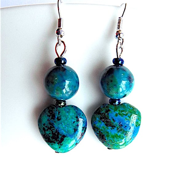 Earrings for pierced ears, Azurite chrysocolla gem stone  heart dangles.