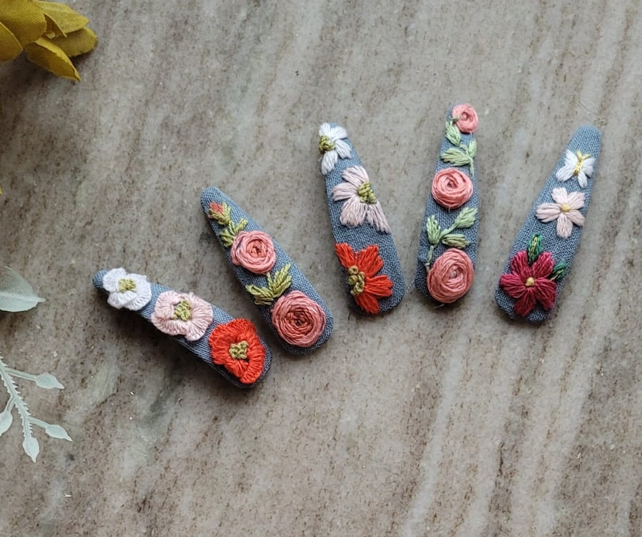 Hand embroidered hair clips pink red roses denim blue cotton floral summer holid