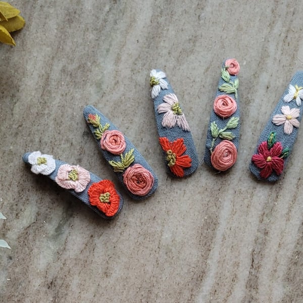 Hand embroidered hair clips pink red roses denim blue cotton floral summer holid