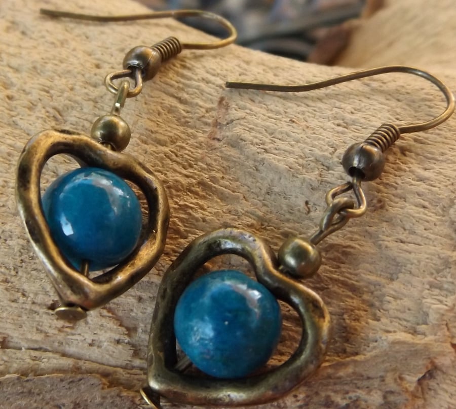Bronze heart charm earrings with chrysocolla bead