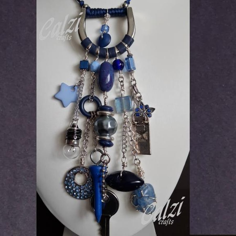 Upcycled Silver Tone Buckle & Blue Charm Boho Necklace