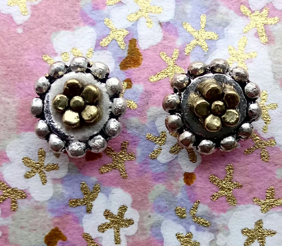 Little Stud Earrings with Tibetan Silver and Tiny Golden Flowers