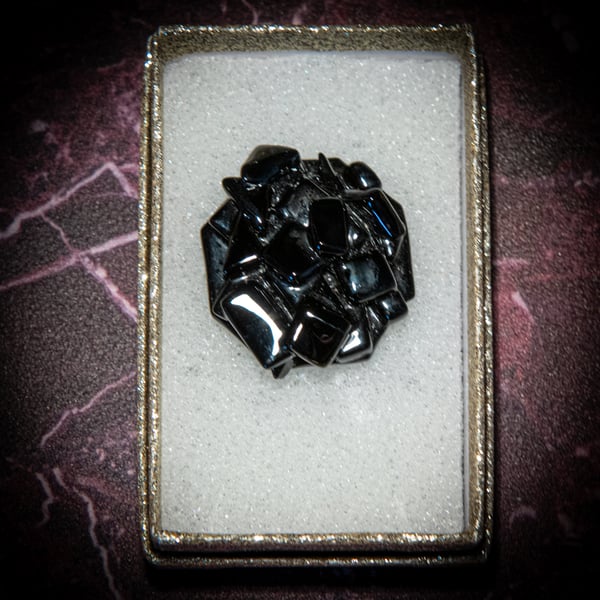 Hand made fused glass brooch in black - comes in sparkly gold box.