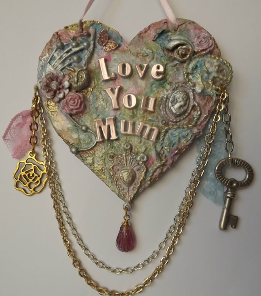 Mixed Media, Mothers Day, Birthday, Love You Mum, Shabby Hanging Heart