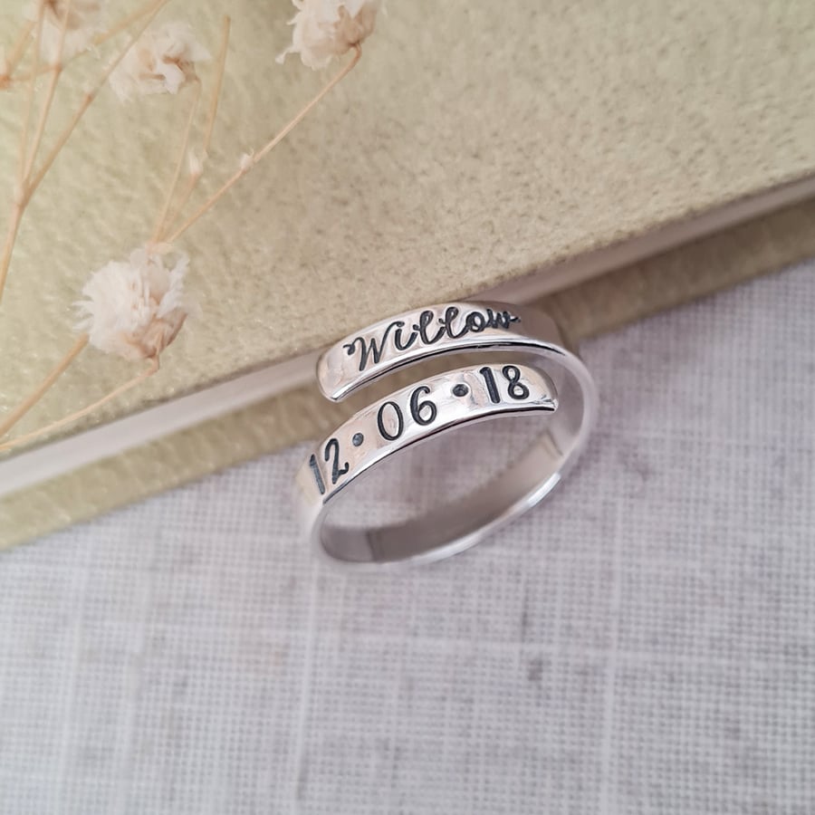 Personalised Name & Date Adjustable Silver Ring