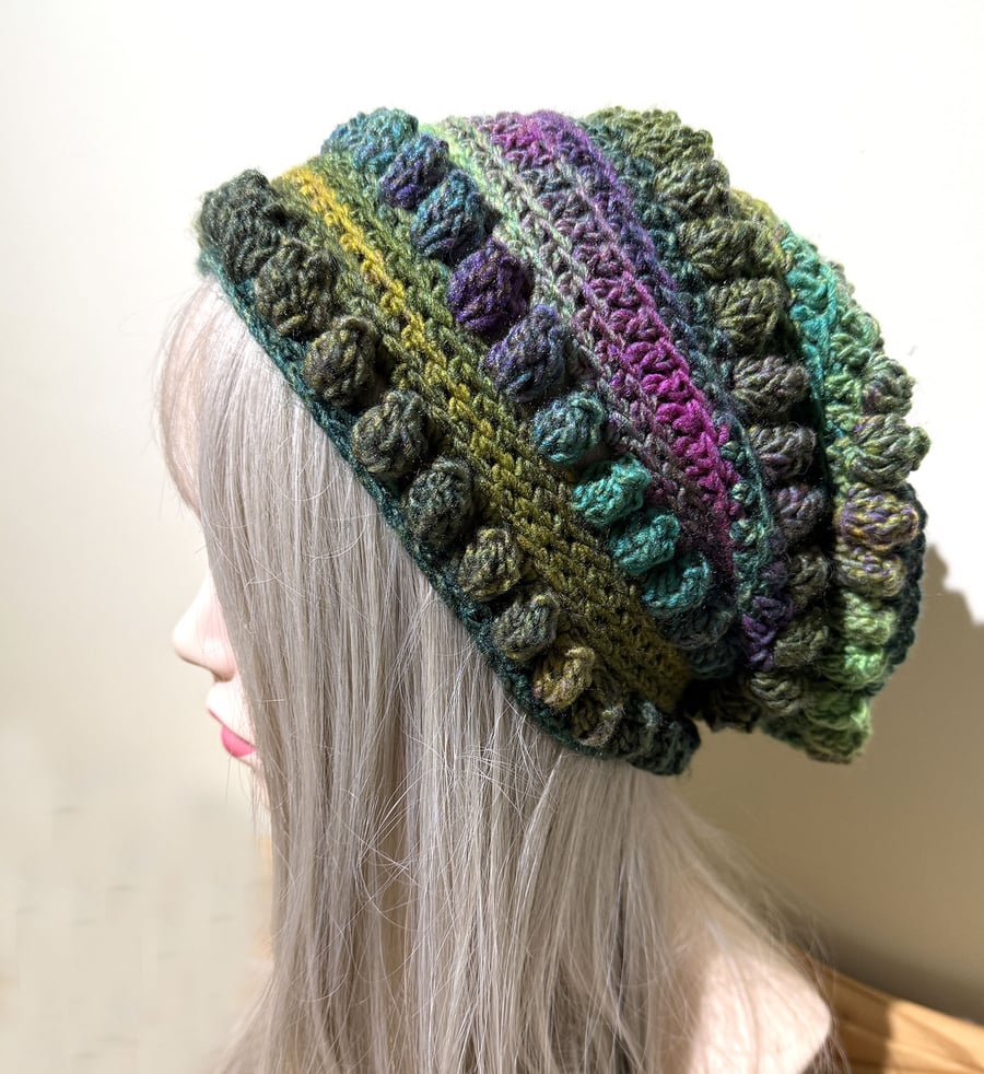 Slouch Beanie Hat with Textured  Stitching Blue Green Washable Acrylic Yarn