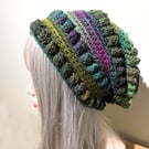 Slouch Beanie Hat with Textured  Stitching Blue Green Washable Acrylic Yarn