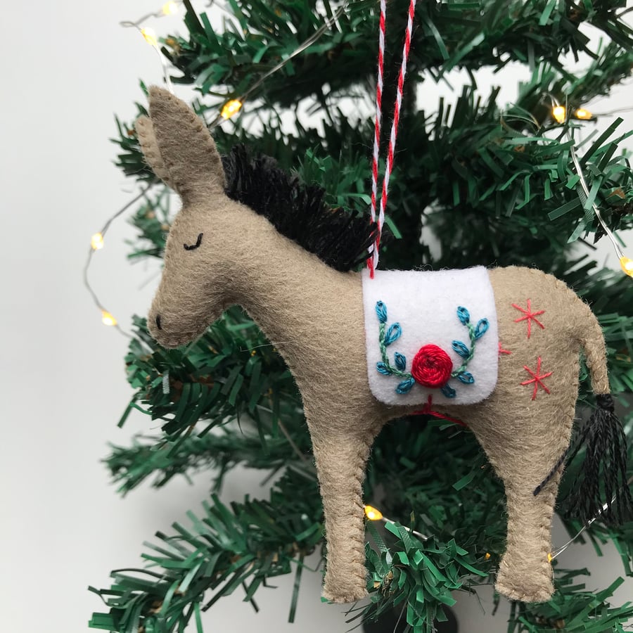 Hand Stitched Wool Felt Donkey Christmas Tree Decoration - creamy brown