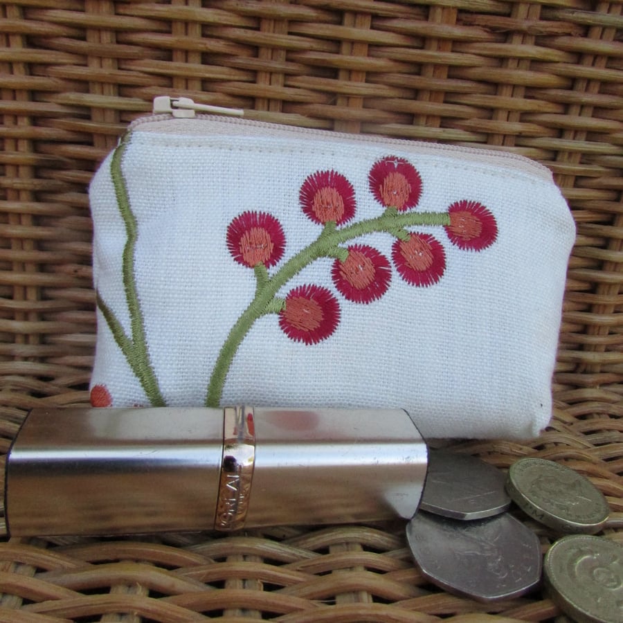 Small purse, coin purse - cream embroidered fabric with orange flowers