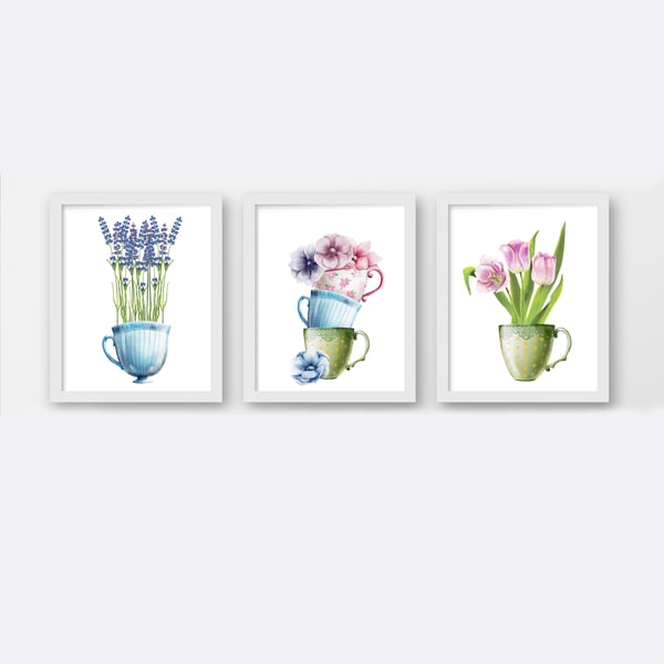 Flowers in a teacup wall prints, Floral wall decor